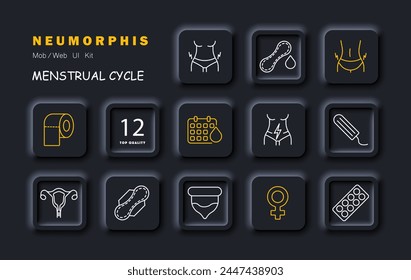 Menstruationsset-Symbol. Kondom, Tampon, Pad, Packung weiblicher Geschlechtspillen, Kalender, Blut, Blitz, weibliches Geschlechtsorgan, Toilettenpapier. Selbstpflegekonzept. Symbol für Vektorgrafik.