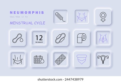 Icono de menstruación. Condón, tampón, almohadilla, paquete de píldoras de género femenino, calendario, sangre, rayo, órgano reproductor femenino, papel higiénico. Concepto de autocuidado. Icono de línea de Vector.