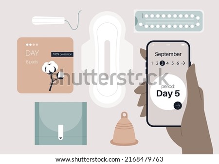 A menstruation set, a silicon cup, a tampon, a pack of sanitary pads, contraceptive pills, and a period tracking app 