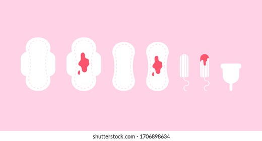 Menstruation Set With Tampons, Sanitary Napkin And Cup. Feminine Hygiene, Woman Health. Vector Illustration