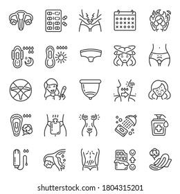 Menstruation Symptoms, Icon Set. Period, Monthly, Linear Icons. Line With Editable Stroke