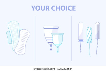 Menstruation theme background. Choose between sanitary pads, tampons and menstrual cups. Illustration for feminine hygiene and gynecology. Colored flat icons, vector design.