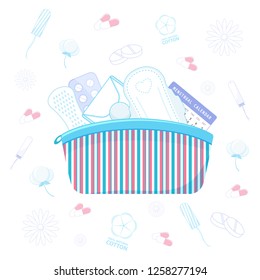 Menstruation theme background. Illustration for feminine hygiene, medicine, periods. Cosmetic bag with sanitary napkins, tampons, tablets and flowers. Colored flat icons, vector design.