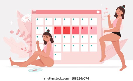 Menstruation Theme. Feminine Hygiene. Happy Young Woman In Lingerie Holding A Tampon In The Menstrual Period. Menstrual Period On Calendar In The Background