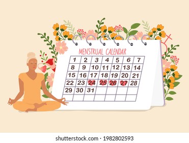 Menstruation theme. Feminine hygiene. Women and Menstrual period on calendar in the background