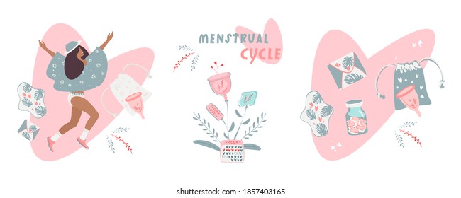 Menstruation theme, menstrual cycle, sanitary cup. Zero waste period. Various feminine hygiene products. Panties, pads, cups. Menstrual protection, feminine hygiene. Vector illustration.	
