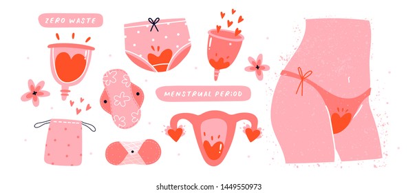 Menstruation theme. Period. Various feminine hygiene products. Zero waste objects. Panties, pads, cups. Menstrual protection, feminine hygiene. Hand drawn vector illustration. Everything is isolated