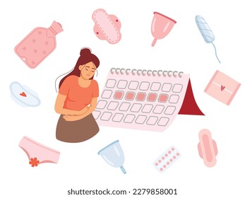 Menstruation theme. Period. Various feminine hygiene products. Menstrual protection, feminine hygiene.