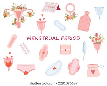 Menstruation theme. Period. Various feminine hygiene products. Menstrual protection, feminine hygiene.