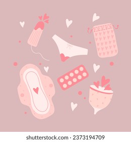 Menstruation theme. Period. Various feminine hygiene products. Zero waste objects. Panties, pads, cups. Menstrual protection, feminine hygiene. Hand drawn vector illustration. Elements are isolated
