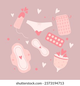 Menstruation theme. Period. Various feminine hygiene products. Zero waste objects. Panties, pads, cups. Menstrual protection, feminine hygiene. Hand drawn vector illustration. Elements are isolated

