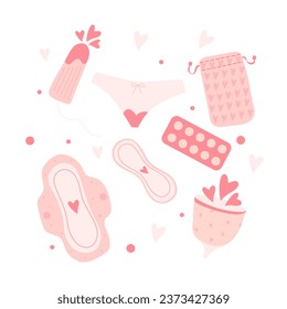 Menstruation theme. Period. Various feminine hygiene products. Zero waste objects. Panties, pads, cups. Menstrual protection, feminine hygiene. Hand drawn vector illustration. Elements are isolated