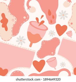 Menstruation theme. Period vector illustration. Feminine hygiene products. Panties, pads, cups. Menstrual protection, feminine hygiene. Zero waste objects. 