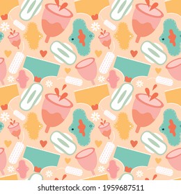 Menstruation theme. Period vector illustration. Feminine hygiene products. Panties, pads, cups. Menstrual protection, feminine hygiene. Zero waste objects. 
