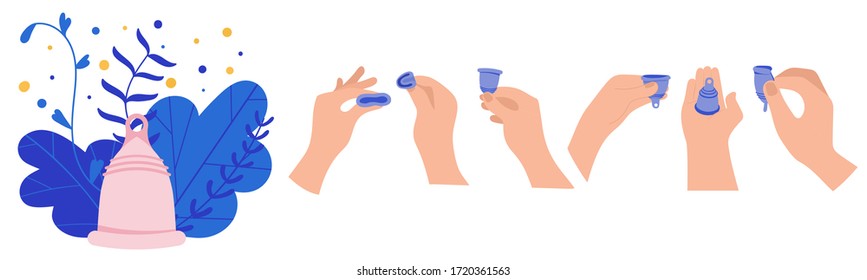 Tema menstrual para usar taza menstrual. Protección sanitaria para el período femenino. Dispositivo de recolección de sangre, cero residuos. Higiene personal.