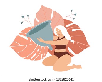 Menstruation theme. Zero waste period. Various feminine hygiene products. Menstrual Cup. Menstrual protection, feminine hygiene. Vector illustration.