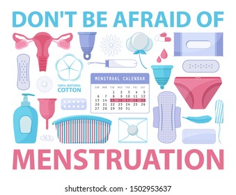 Menstruation vector illustration. Color flat poster with text and feminine hygiene products. Don't be afraid of menstruation. Rectangular design for healthy theme