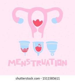 Menstruation vector illustration. Uterus with set of menstrual cups on pink background. Women health