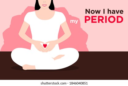 Menstruation Vector template for poster and banner with copy space Woman is sitting in lotus position and holding hands on her belly