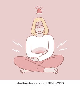 Menstruation. Young woman who have a stomachache or period pain.Woman Stomach Ache.Hand drawn style vector  illustrations.