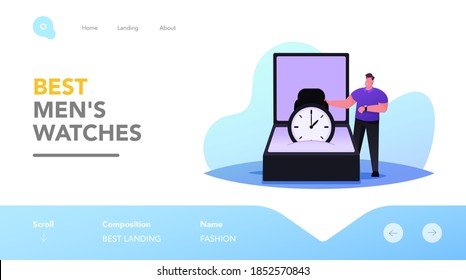 Menswear Boutique Landing Page Template. Tiny Male Character Stand at Huge Box with Modern Luxury Watch. Elegant Man Buying Luxury Accessories in Fashion Store, Shopping. Cartoon Vector Illustration
