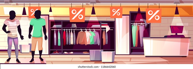 Menswear fashion boutique interior vector illustration of men clothes sale. Suits, trousers and shirts on mannequins in shop window display, dressing room and checkout counter on cartoon background