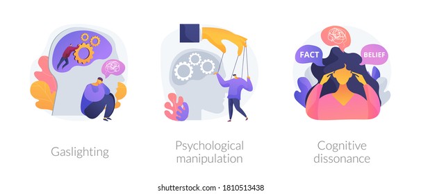 Mental abuse abstract concept vector illustration set. Gaslighting, psychological manipulation, cognitive dissonance, emotional blackmailing, social engineering, missing out abstract metaphor.