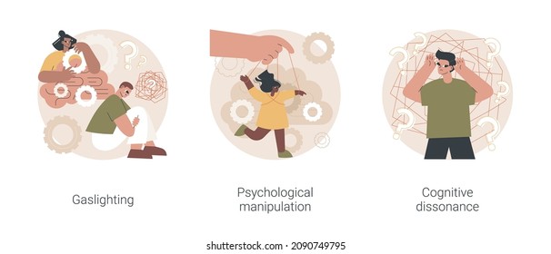 Mental abuse abstract concept vector illustration set. Gaslighting, psychological manipulation, cognitive dissonance, emotional blackmailing, social engineering, missing out abstract metaphor.