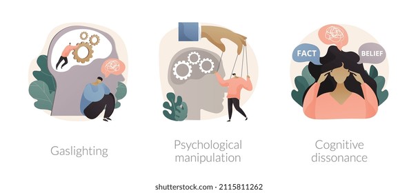 Mental abuse abstract concept vector illustration set. Gaslighting, psychological manipulation, cognitive dissonance, emotional blackmailing, social engineering, missing out abstract metaphor.