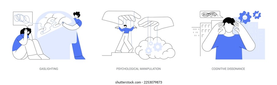 Mental abuse abstract concept vector illustration set. Gaslighting, psychological manipulation, cognitive dissonance, emotional blackmailing, social engineering, missing out abstract metaphor.