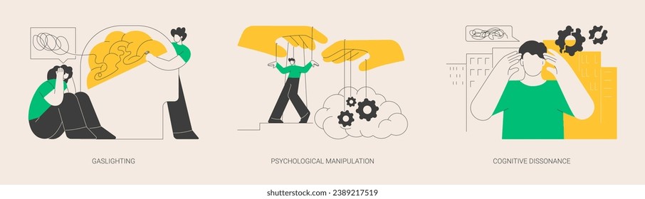 Mental abuse abstract concept vector illustration set. Gaslighting, psychological manipulation, cognitive dissonance, emotional blackmailing, social engineering, missing out abstract metaphor.