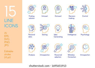 Mental activity color linear icons set. Analytical thinking blue and yellow thin line pictograms