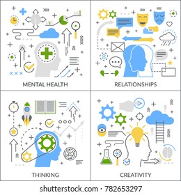 Mental activity flat linear design concept with psychological health, relationships, creativity, thinking process isolated vector illustration