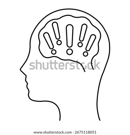 Mental Alertness Icon Vector Illustration, Human Head with Brain and Exclamation Marks, Anxiety Stress Symbol, Line Art Style.