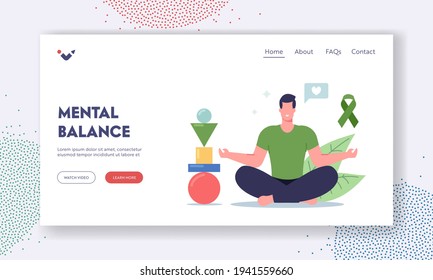 Mental Balance Landing Page Template. Man Doing Yoga with Balanced Figures Pyramid. Male Character Meditate in Lotus Pose, Self Control, Healthy Lifestyle, Harmony. Cartoon Vector Illustration