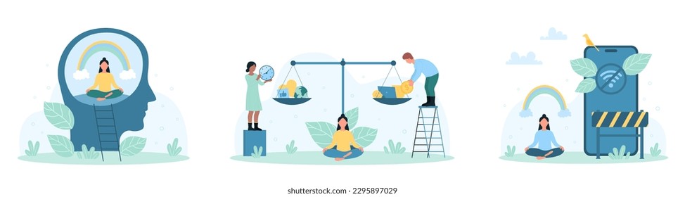 Mental balance set vector illustration. Cartoon tiny people care brain health with digital detox, relax and sit with rainbow in zen meditation, control equilibrium of money and calm lifestyle