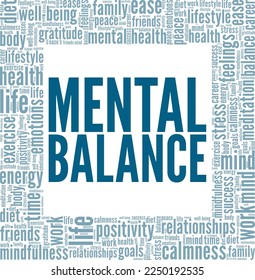 Diseño conceptual de nube de palabras de balance mental aislado en fondo blanco.