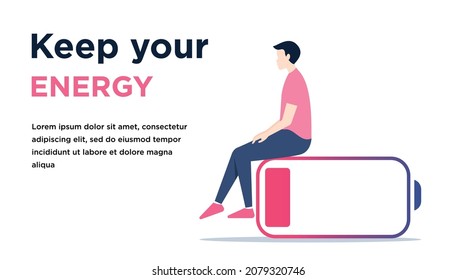 Mental battery level. Vector illustration with copy space. Sad man with low energy battery on white backdrop
