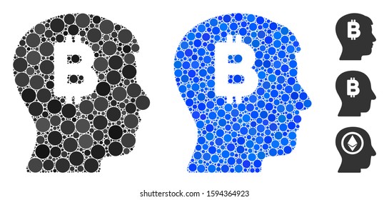 Mental Bitcoin composition of small circles in various sizes and shades, based on mental Bitcoin icon. Vector small circles are composed into blue composition.