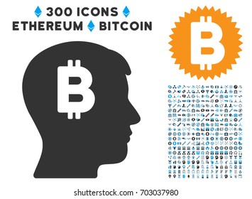 Mental Bitcoin icon with 300 blockchain, bitcoin, ethereum, smart contract images. Vector pictograph collection style is flat iconic symbols.