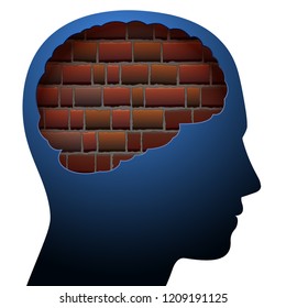 Mental block. Thinking barrier. Symbolized with a brick wall in the brain of a young person.