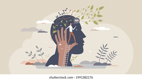 Mental boost and self push as motivation mind power tiny person concept. Increase brain efficiency and capability with full psychological potential vector illustration. Positive individual growth.