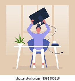 Mental breakdown, anger and despair, young female character throwing a monitor, office life, stress at work 