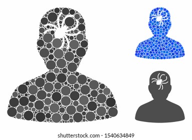 Mental bug mosaic of small circles in variable sizes and color hues, based on mental bug icon. Vector small circles are organized into blue mosaic. Dotted mental bug icon in usual and blue versions.