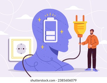 Mental burnout concept. Man with electric plug near silhouette. Psychology and mental health. Emotions and feelings, facial expressions. Poster or banner. Cartoon flat vector illustration