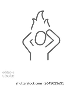 Mental burnout icon outline style. A person holding head with fire symbolizing psychological pressure, anxiety, or stress overload. Thin line symbol vector illustration. Editable stroke