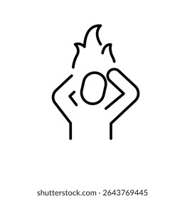 Mental burnout icon outline style. A person holding head with fire symbolizing psychological pressure, anxiety, or stress overload. Thin line symbol vector illustration.