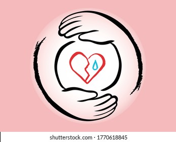 Mental care concept. You can use the illustration of both hands to heal your broken heart as a logo or icon. Hand drawn background.