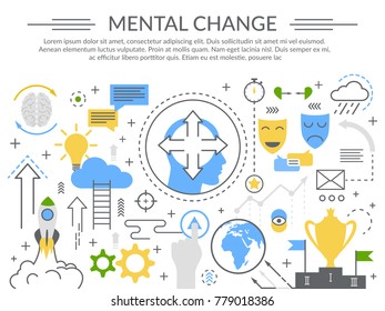Mental change concept flat symbols composition poster with brain ladders mood masks and winner trophy vector illustration 