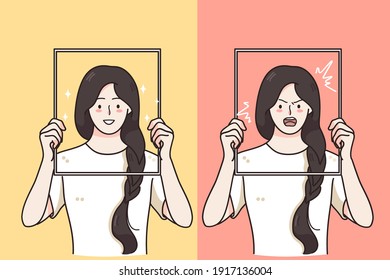 Mental changes, Contrasts in mood concept. Women holding frames with happy laughing cheerful and angry aggressive furious expression of faces over yellow and pink background vector illustration 